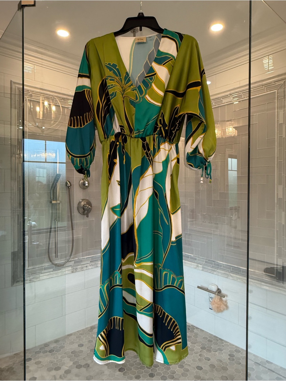Elie Tahari Green Teal White Graphic Print Maxi Dress